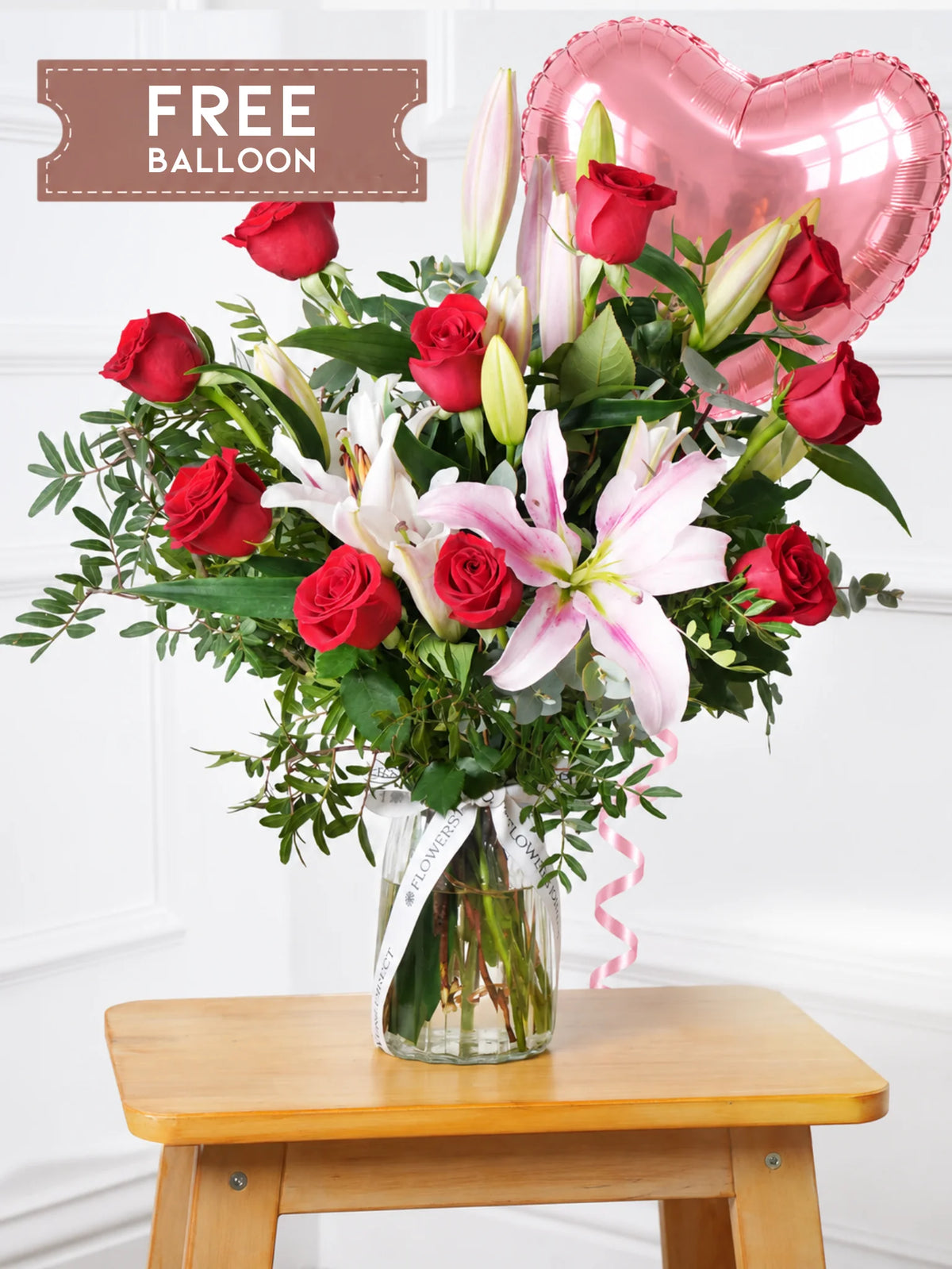 Red Roses and Pink Lily Vase with Free Balloon