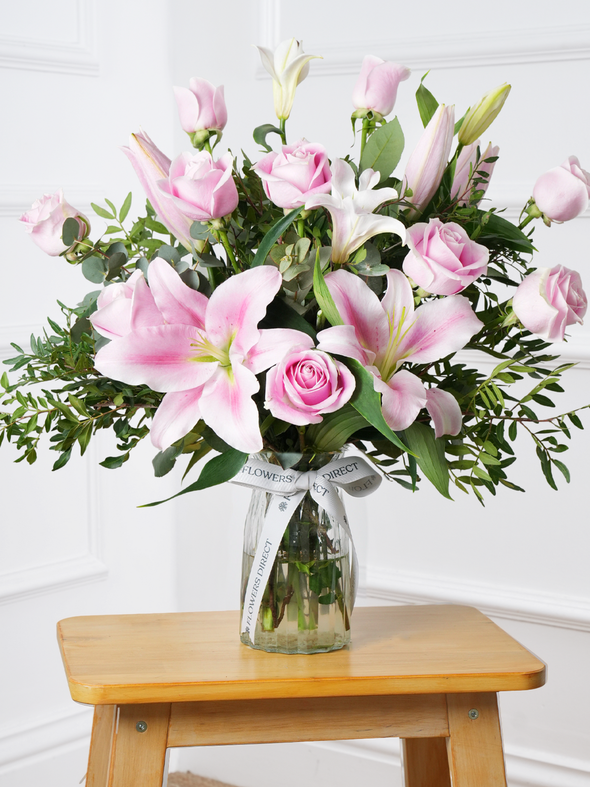 Pink Roses and Pink Lily Vase Next Size Up - On Us!