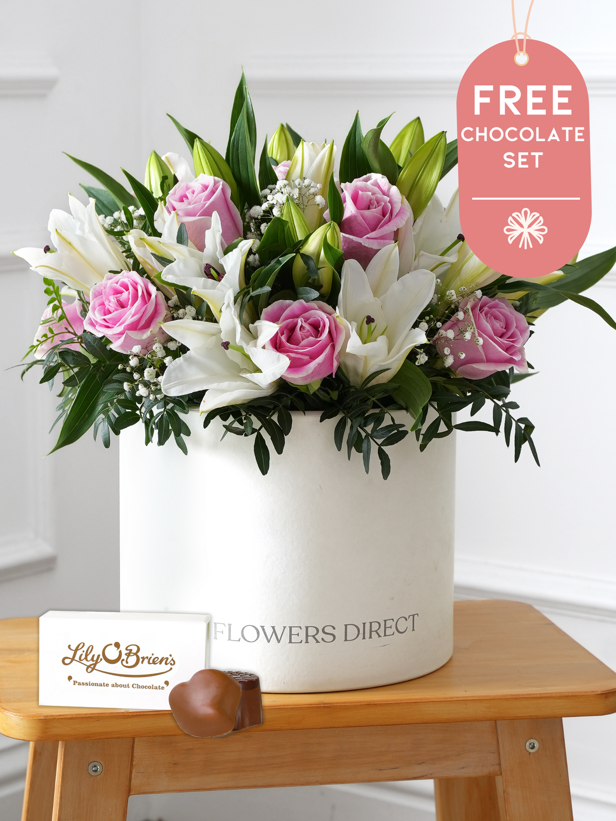 Pink Roses and White Lily - Hatbox with Free Chocolate Set