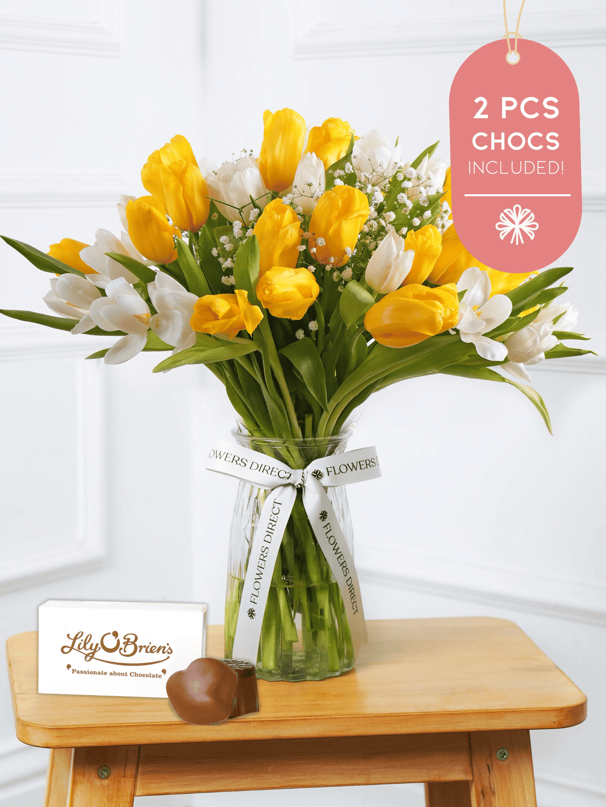 White & Yellow Tulips Vase 2 Pcs Chocs included!