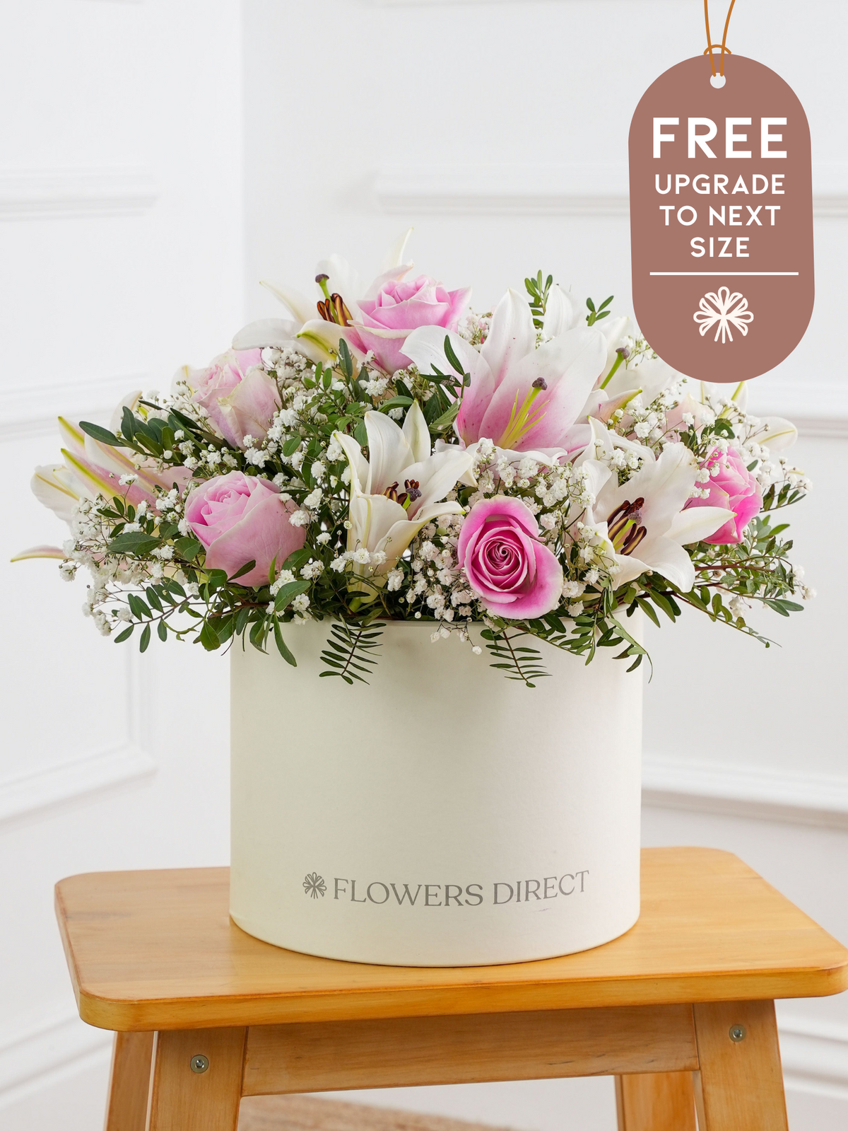 Pink Roses and Pink Lily Hatbox with Free Upgrade to Next Size