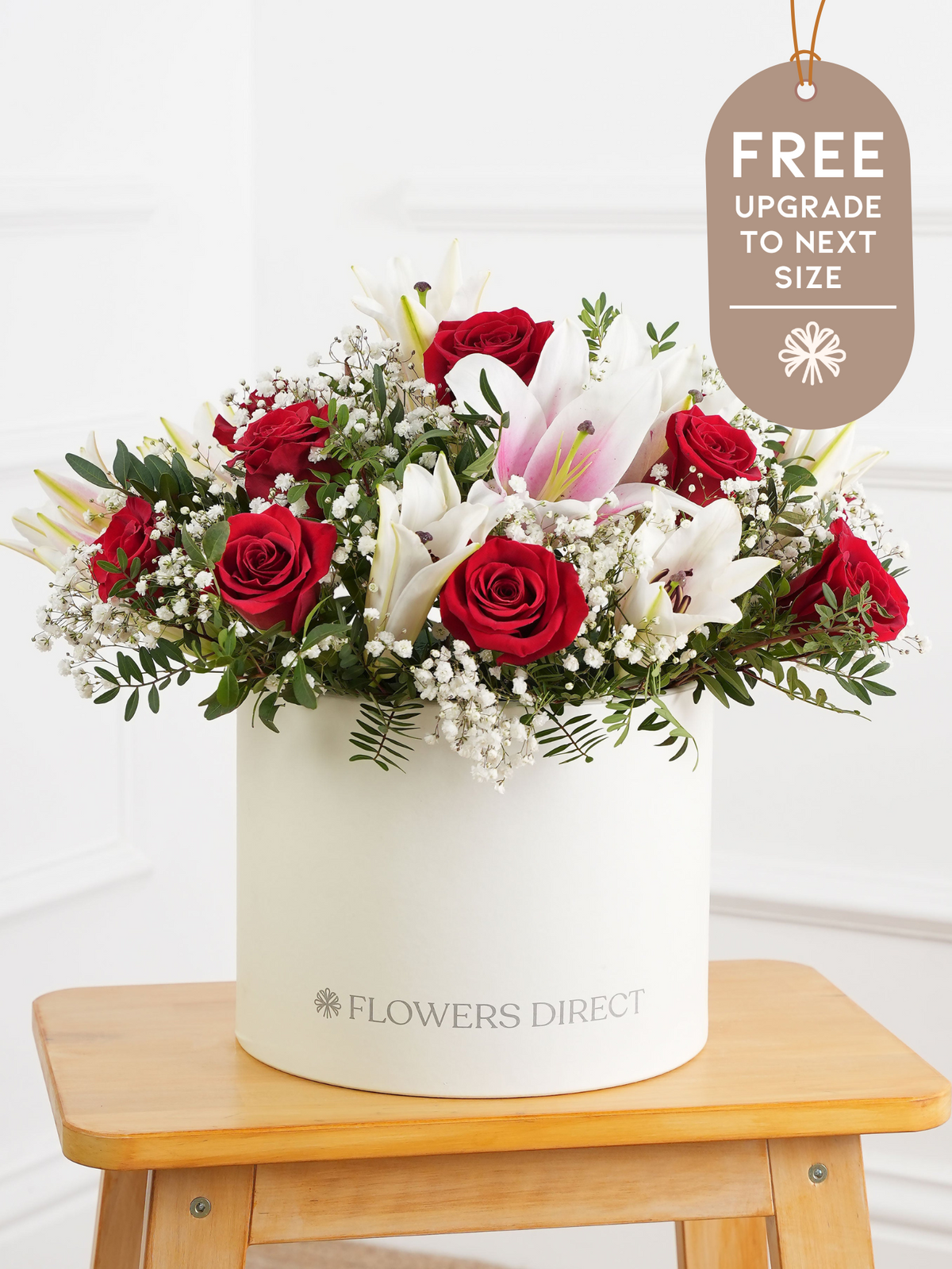 Red Roses and Pink Lily - Hatbox with Free Upgrade to Next Size
