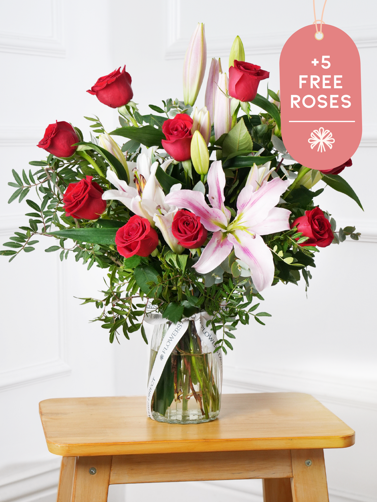 Red Roses and Pink Lily - Vase with 5 more roses