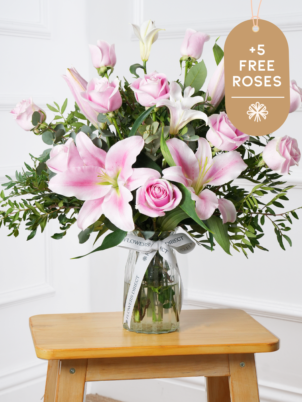 Pink Roses and Pink Lily - Vase with 5 more roses