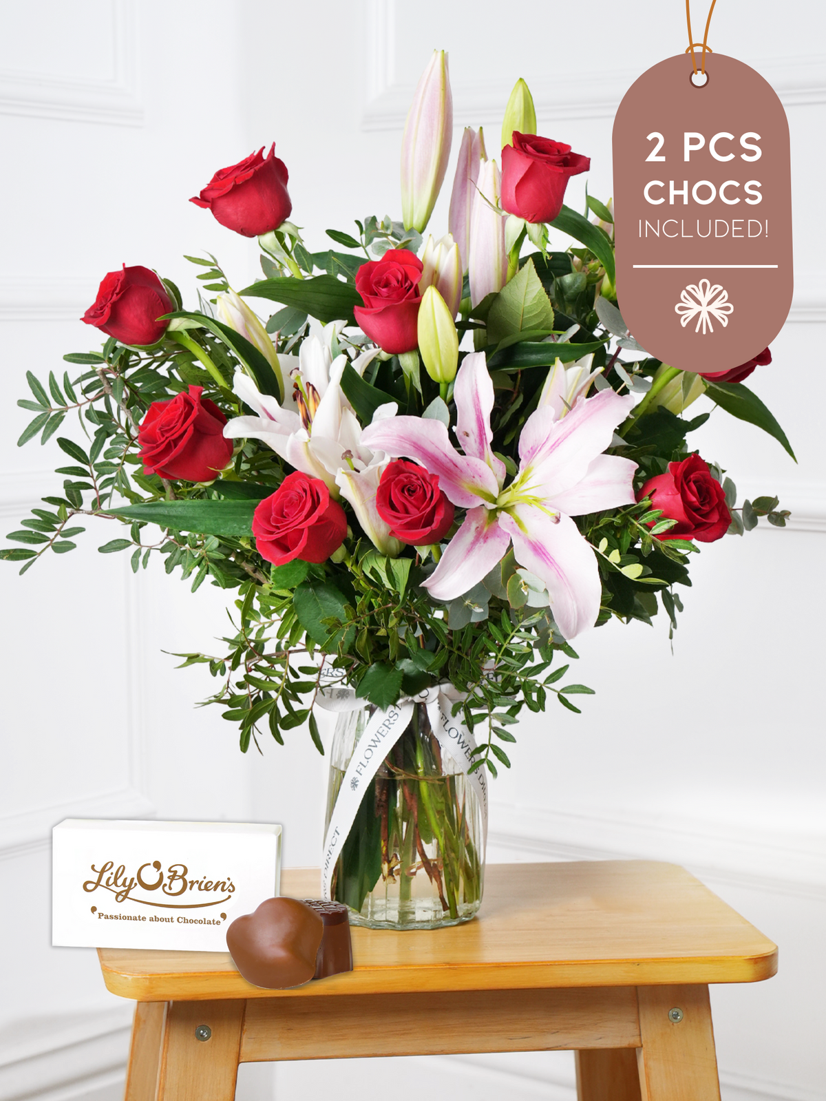 Red Roses and Pink Lily Vase 2 Pcs Chocs included!