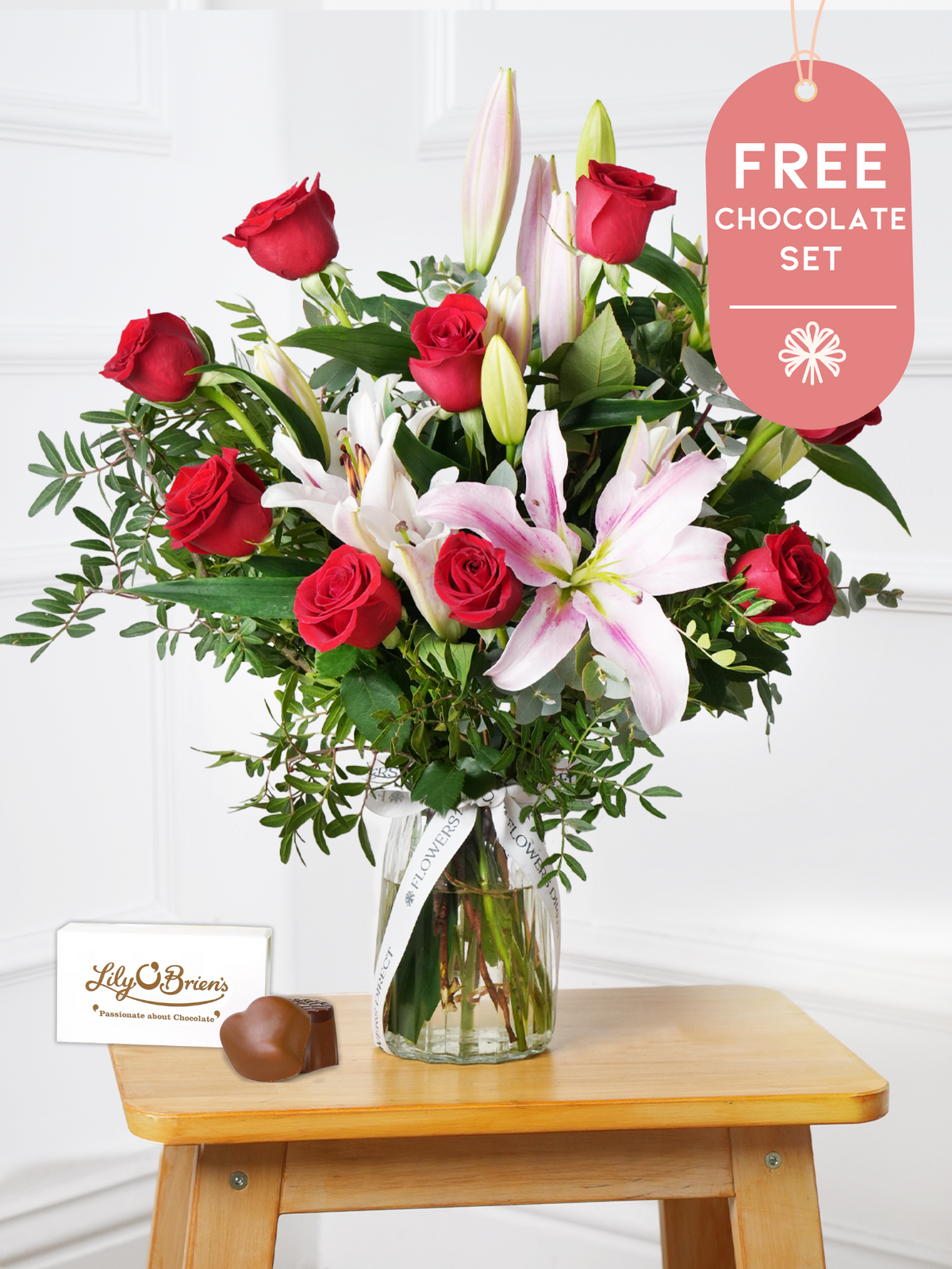 Anniversary Red Roses and Pink Lily - Vase with Chocolate Set