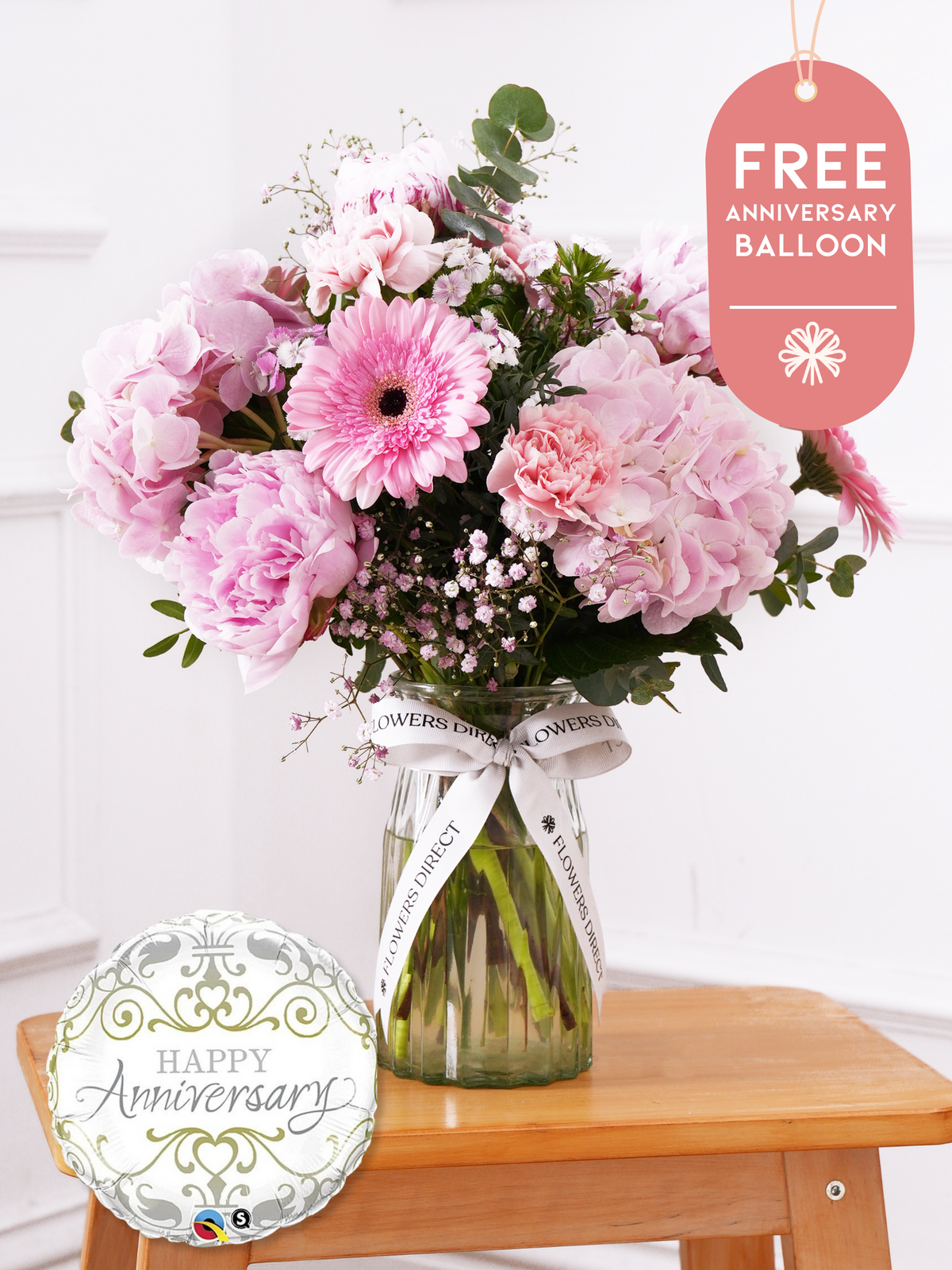 Anniversary Peony Sweetheart - Vase with Free Anniversary Balloon
