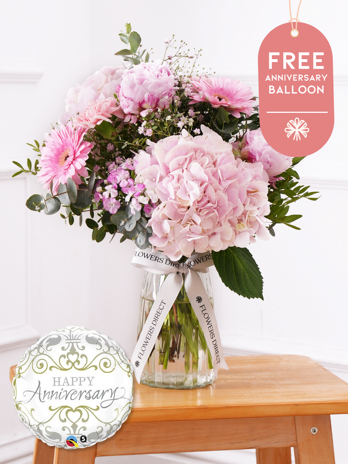Anniversary Peony Sweetheart - Vase with Free Anniversary Balloon