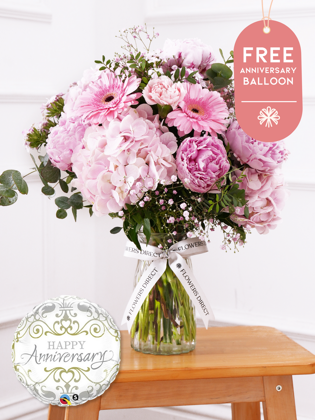 Anniversary Peony Sweetheart - Vase with Free Anniversary Balloon