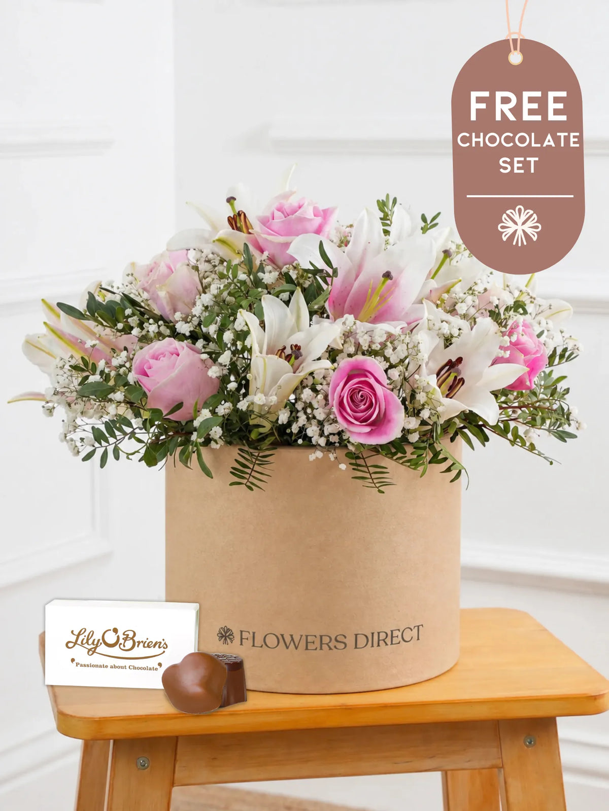 Anniversary Pink Roses and Pink Lily - Hatbox with Chocolate Set