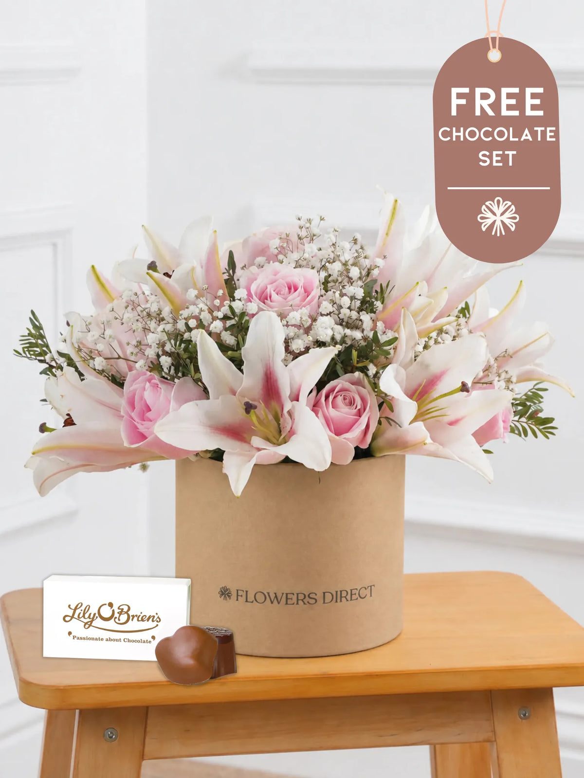 Anniversary Pink Roses and Pink Lily - Hatbox with Chocolate Set