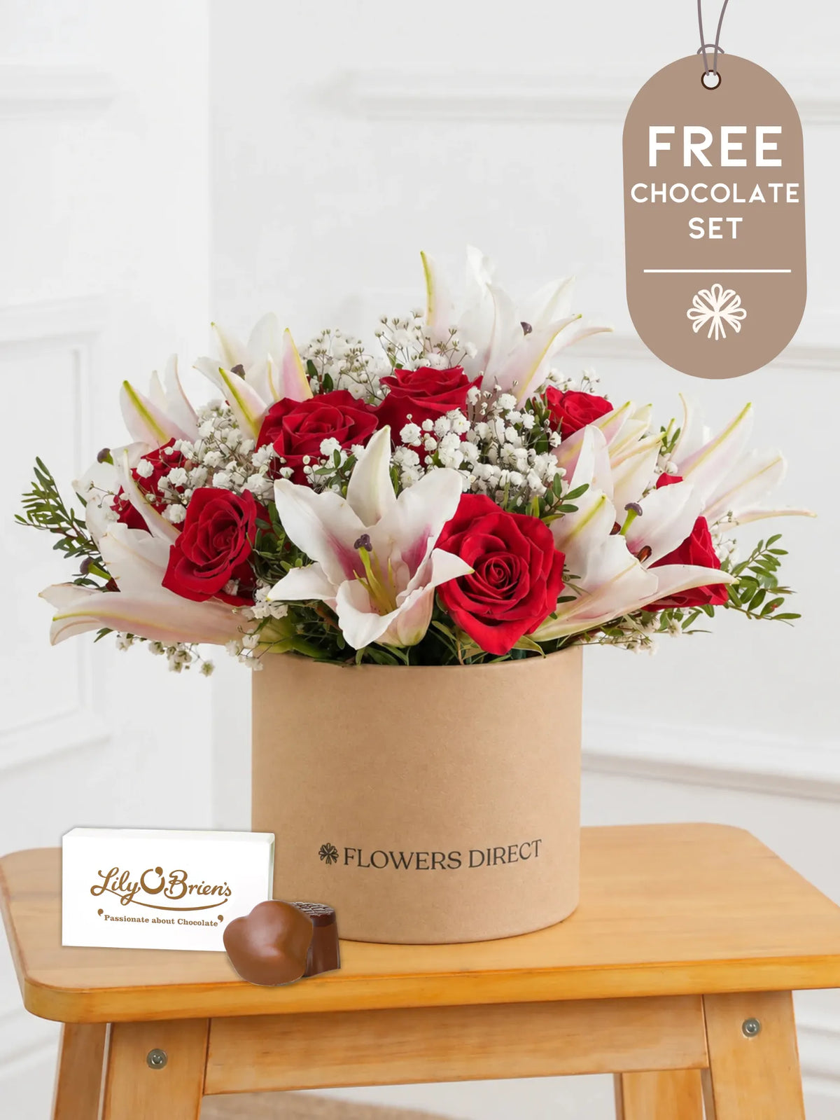 Anniversary Red Roses and Pink Lily - Hatbox with Chocolate Set