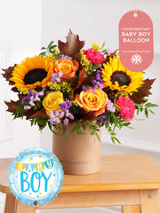 Baby Boy Autumn Charm - Hatbox (Complimentary Baby Boy Balloon) –  The Baby Boy Colour Burst - Hatbox is a vibrant and joyous floral arrangement...