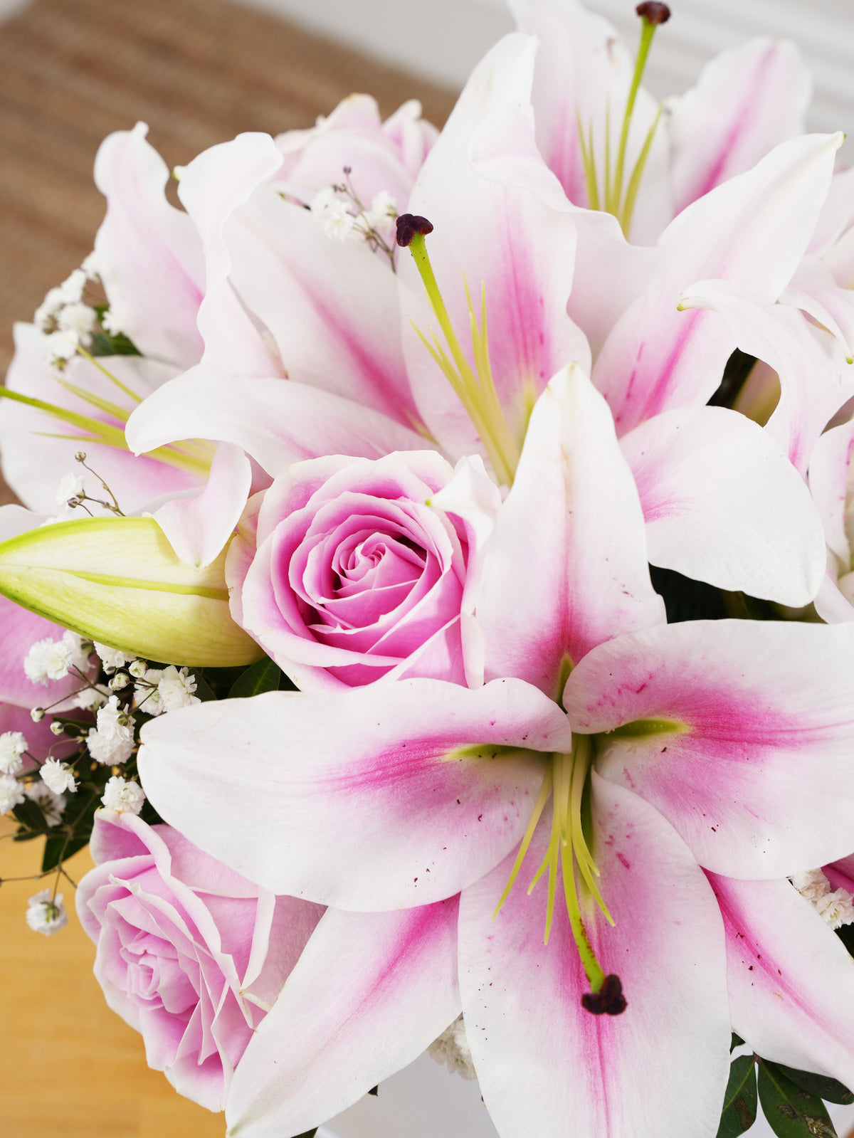 Pink Roses and Pink Lily Hatbox with Free Upgrade to Next Size