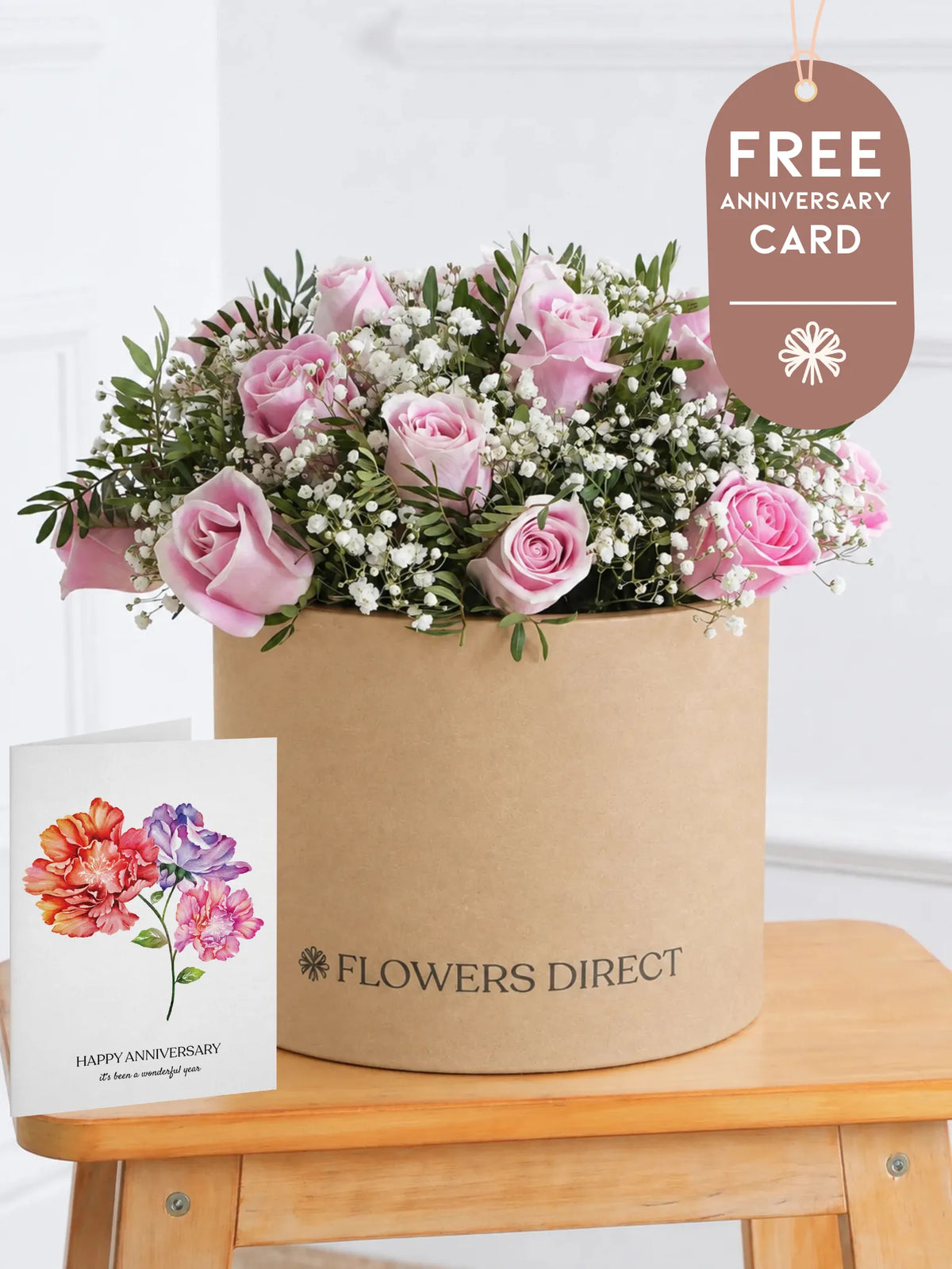 Pink Roses Hatbox with Free Happy Anniversary Card