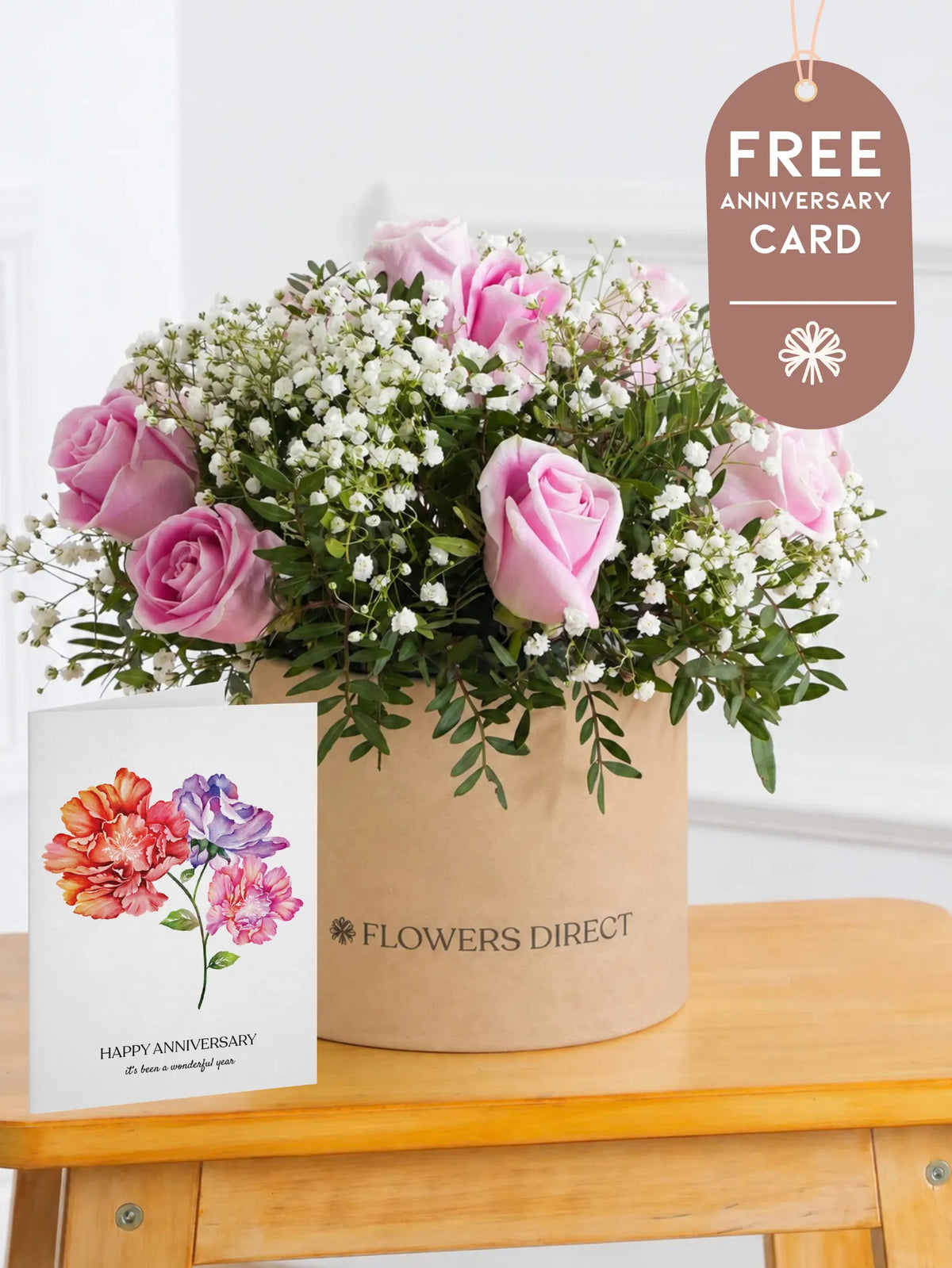 Pink Roses Hatbox with Free Happy Anniversary Card