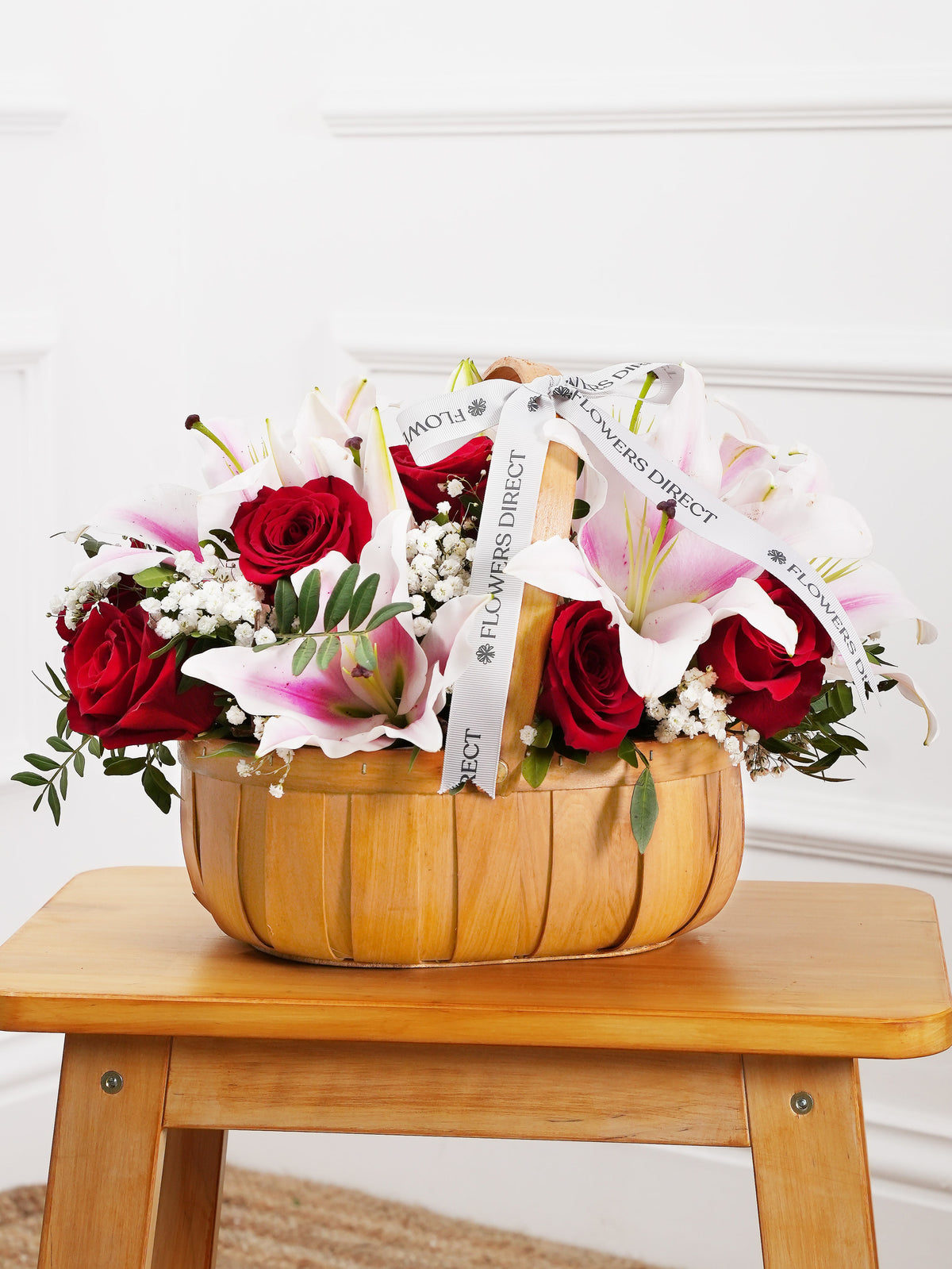 Women&#39;s Day Red Roses and Pink Lily - Basket