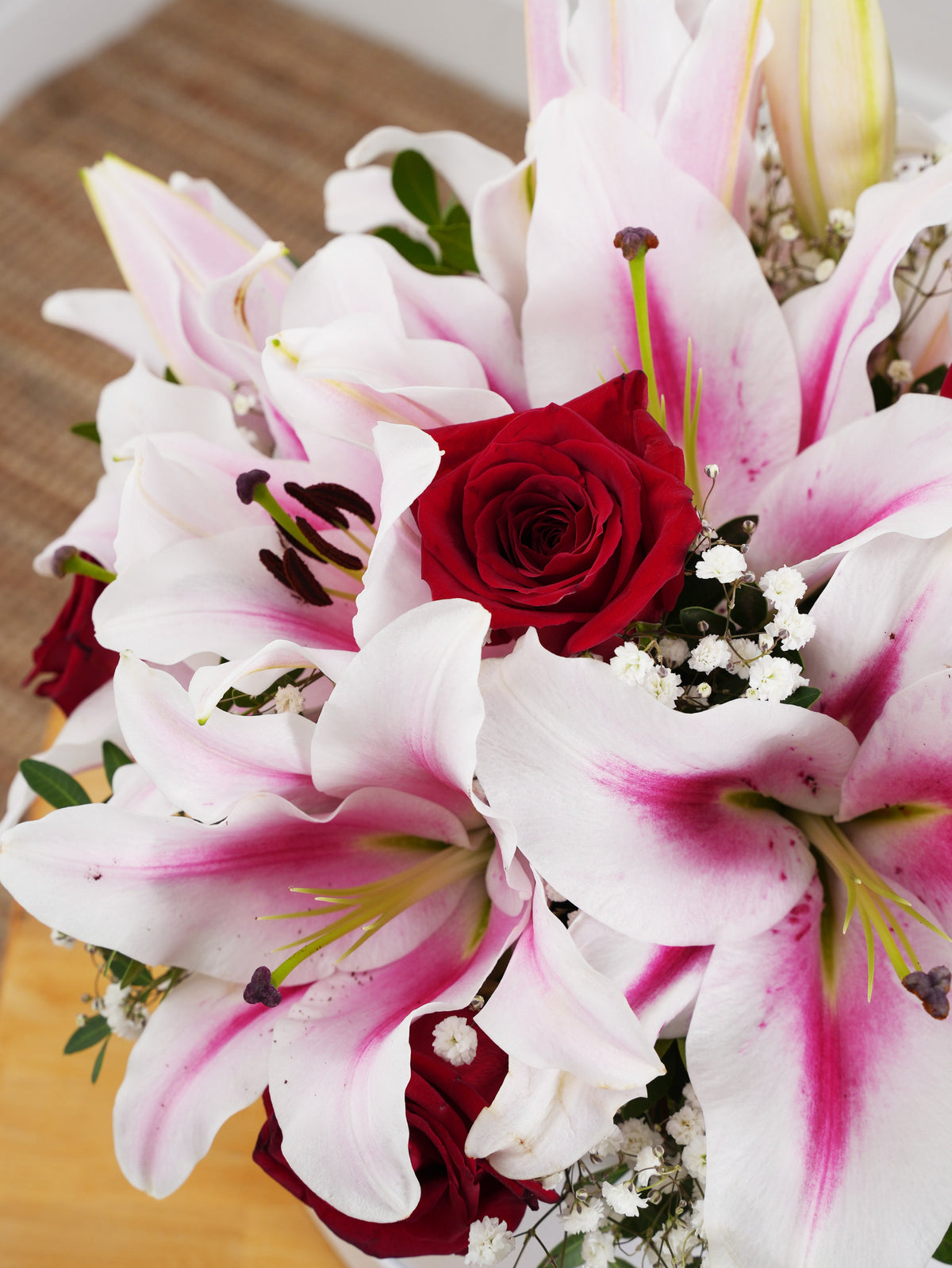 Red Roses and Pink Lily - Hatbox with Free Upgrade to Next Size