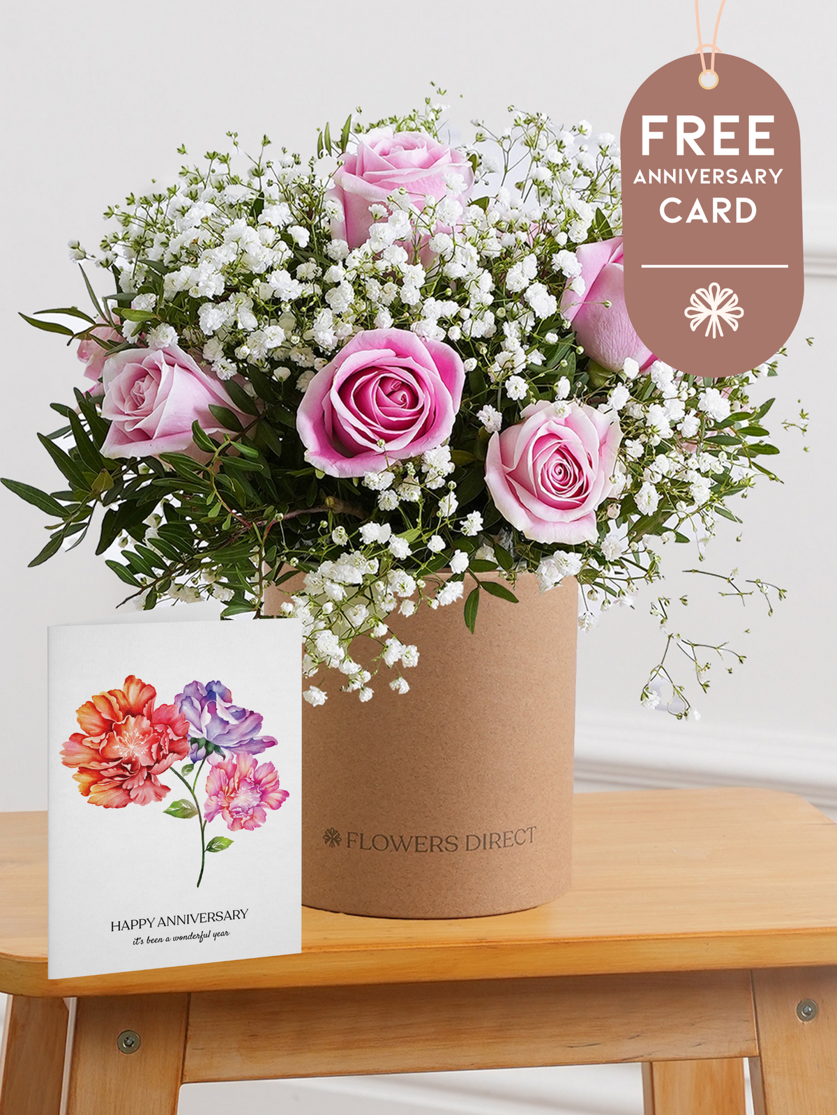 Pink Roses Hatbox with Free Happy Anniversary Card