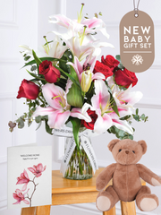New Baby Red Roses and Pink Lily - Vase – Welcome the newest addition with our New Baby Red Roses and Pink Lily Vase,...