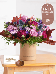 Thank You Autumn Purple Majesty - Hatbox with Free Chocolate Set –  Experience the regal and majestic beauty of our "Autumn Purple Majesty" arrangement, featuring luxurious...
