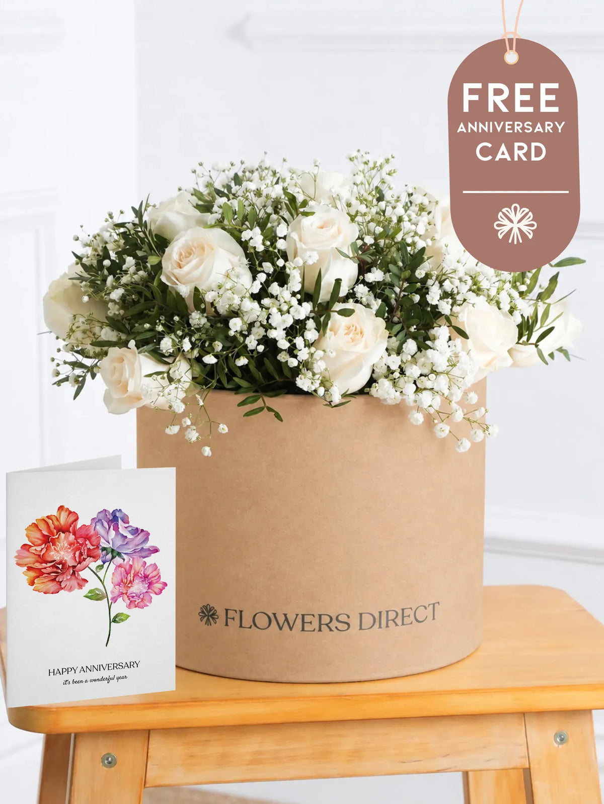 White Roses Hatbox with Free Happy Anniversary Card