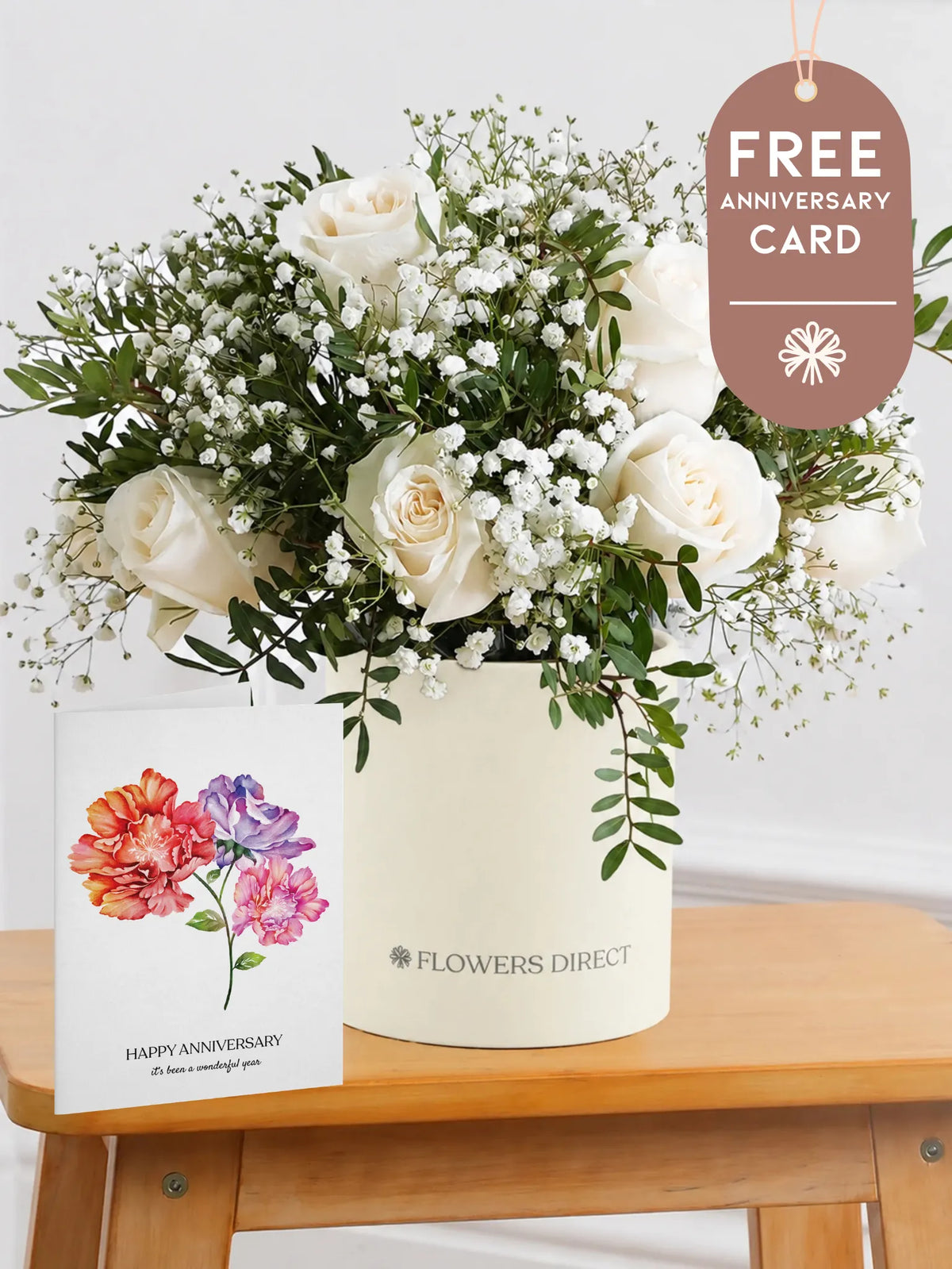 White Roses Hatbox with Free Happy Anniversary Card