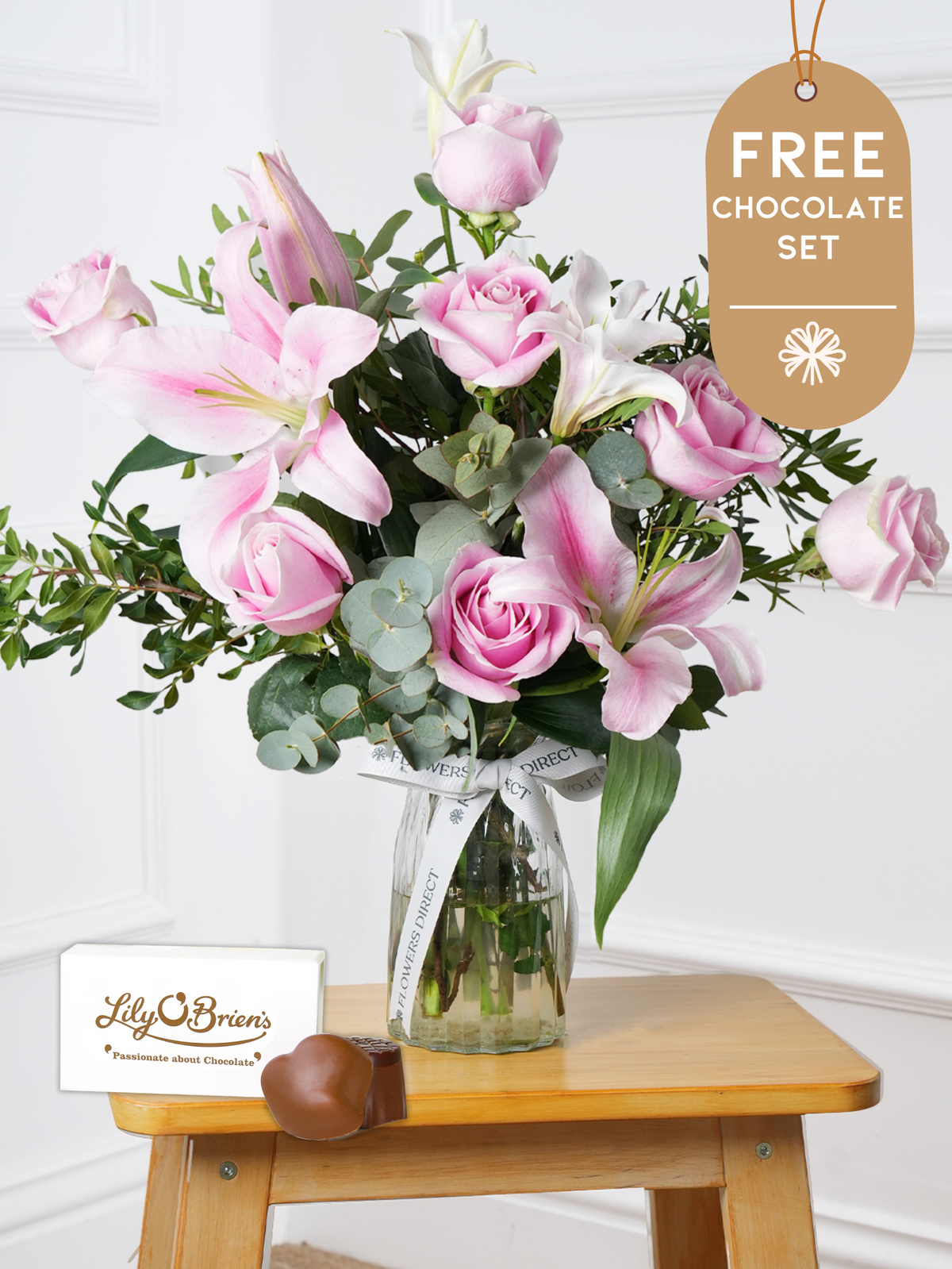 Christmas Pink Roses and Pink Lily - Vase with Free Chocolate Set