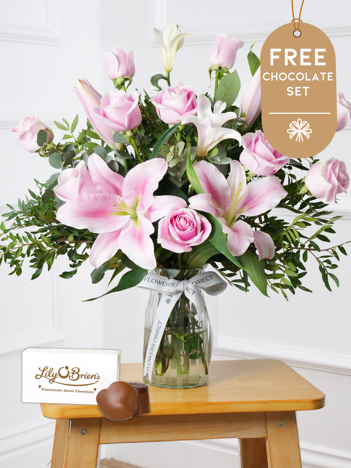 Christmas Pink Roses and Pink Lily - Vase with Free Chocolate Set