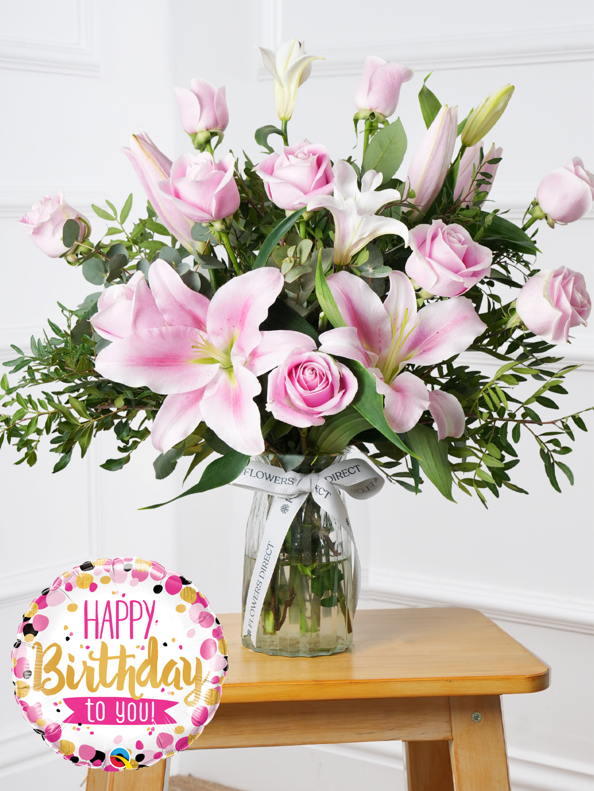 Birthday Pink Roses and Pink Lily - Vase (Complimentary Birthday Balloon)