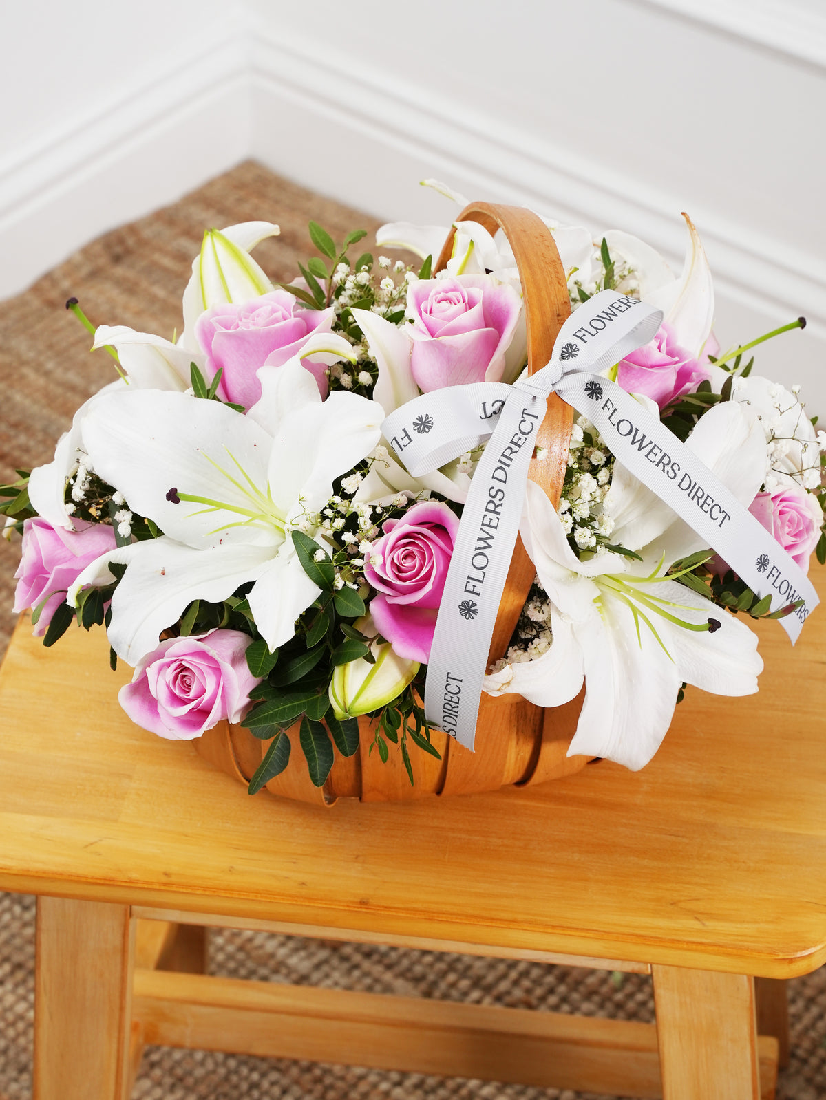 Pink Roses and White Lily - Basket