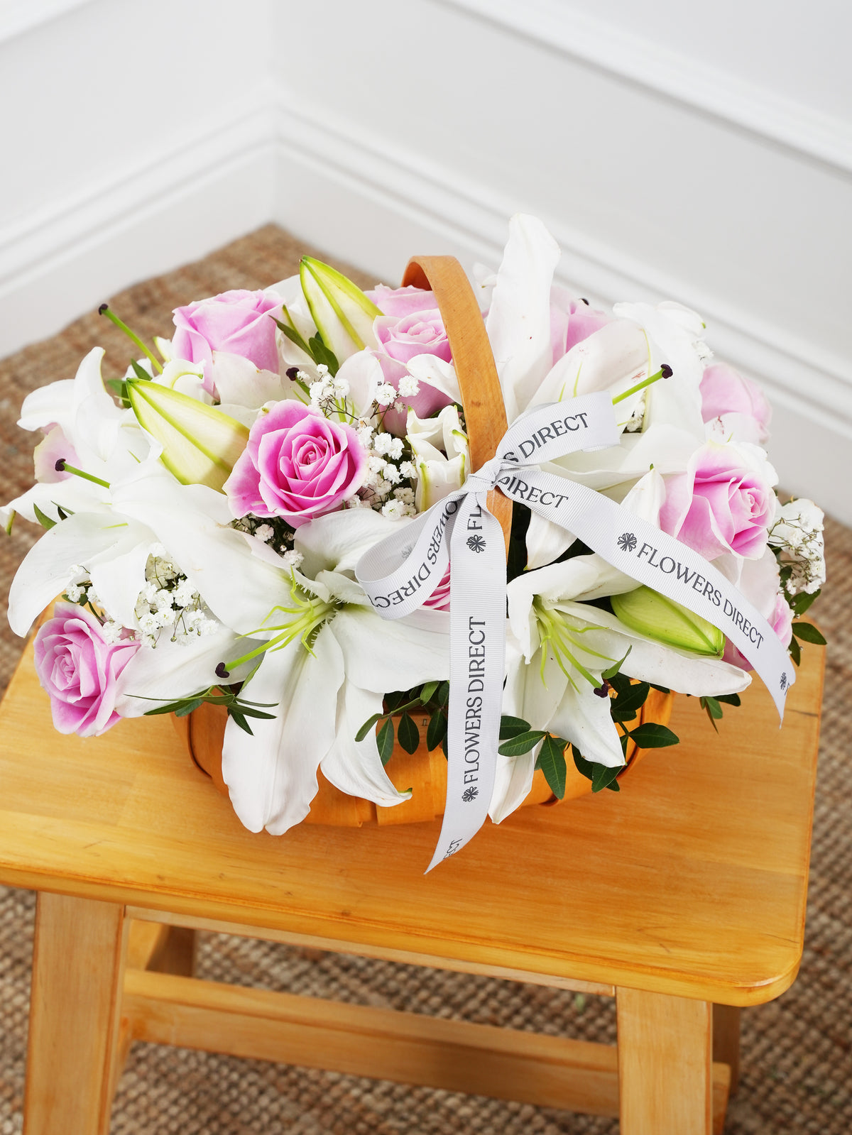 Pink Roses and White Lily - Basket